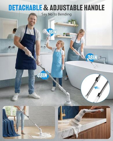 منظف ​​دوار كهربائي لاسلكي، 4 زوايا مع 8 رؤوس فرشاة قابلة للاستبدال، مقبض قابل للتعديل 3 سرعات مع شاشة LED - وقت تشغيل 90 دقيقة، فرشاة تنظيف مقاومة للماء IPX7 للحمام في حوض الاستحمام in Kuwait