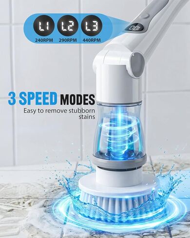 منظف ​​دوار كهربائي لاسلكي، 4 زوايا مع 8 رؤوس فرشاة قابلة للاستبدال، مقبض قابل للتعديل 3 سرعات مع شاشة LED - وقت تشغيل 90 دقيقة، فرشاة تنظيف مقاومة للماء IPX7 للحمام في حوض الاستحمام in Kuwait