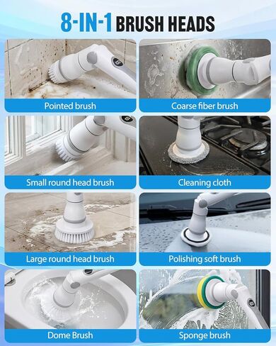 منظف ​​دوار كهربائي لاسلكي، 4 زوايا مع 8 رؤوس فرشاة قابلة للاستبدال، مقبض قابل للتعديل 3 سرعات مع شاشة LED - وقت تشغيل 90 دقيقة، فرشاة تنظيف مقاومة للماء IPX7 للحمام في حوض الاستحمام in Kuwait