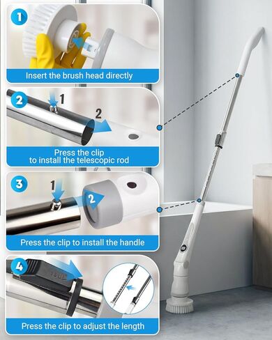 منظف ​​دوار كهربائي لاسلكي، 4 زوايا مع 8 رؤوس فرشاة قابلة للاستبدال، مقبض قابل للتعديل 3 سرعات مع شاشة LED - وقت تشغيل 90 دقيقة، فرشاة تنظيف مقاومة للماء IPX7 للحمام في حوض الاستحمام in Kuwait
