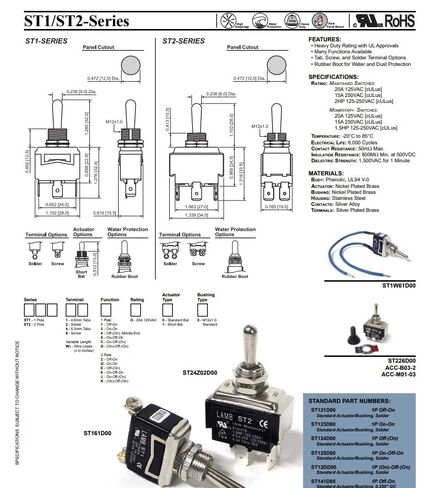 Lamb ST2 Toggle Switch, DPDT Maintained, Metal, 6-Pin, 20A 125VAC, 15A 277VAC, Panel Mount, ON/Off/ON Configuration, Silver Plated Contacts in Saudi Arabia