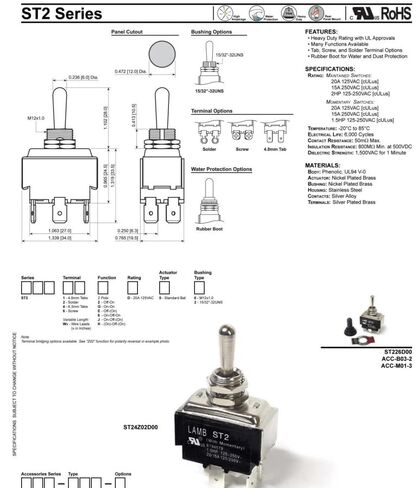 Lamb ST2 Toggle Switch, DPDT Maintained, Metal, 6-Pin, 20A 125VAC, 15A 277VAC, Panel Mount, ON/Off/ON Configuration, Silver Plated Contacts in Saudi Arabia