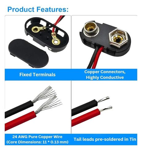 10 قطع من موصل مشبك بطارية 9 فولت من Fengpeng، اتصال كابل طويل، هيكل صلب، أسود أحمر (على شكل حرف T) in Kuwait