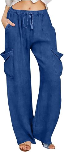 Womens High Elastic Waist Casual Pants Drawstring Wide Leg Beach Vacation Loose Comfy Lounge Trousers with Pocket in Saudi Arabia
