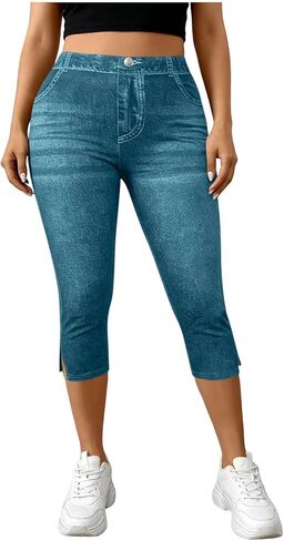Women's High Elastic Waisted Stretchy Capri Jeans Comfort Slim Capris Leggings Side Slit Casual Workout Soft Pants in Saudi Arabia