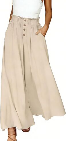 Women Palazzo Pants Summer Wide Leg Boho High Elastic Waisted Casual Loose Fit Pant Beach Travel Vacation Outfits in Saudi Arabia