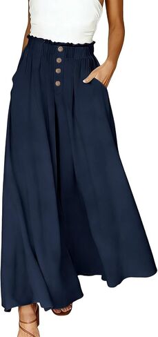 Women Palazzo Pants Summer Wide Leg Boho High Elastic Waisted Casual Loose Fit Pant Beach Travel Vacation Outfits in Saudi Arabia