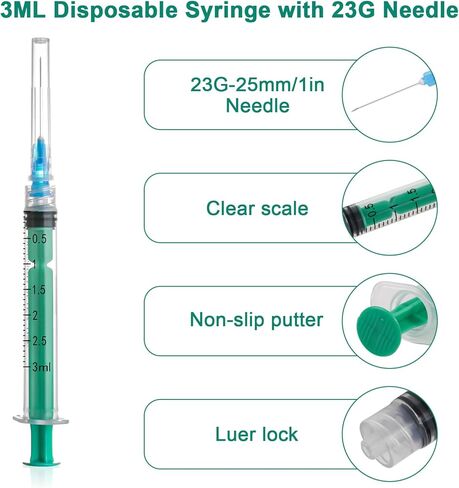 3ml Syringe with 23G 1Inch Lab Supplies, 3ml/cc Luer Lock Syringes for Scientific Labs, Measuring Liquid, Refilling Cartridges or Glue Applicator, Individual Package, 20 Pack（Green） in Kuwait
