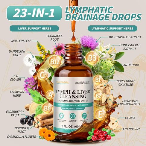 Liposomal Lymphatic Drainage Drops, High Absorption, 23-in-1 Lymphatic Drainage Supplement with Echinacea, Burdock, Elderberry, Vitamin - Immune & Lymph System Support*, Liver Detox & Cleanse, 2 fl oz in Kuwait