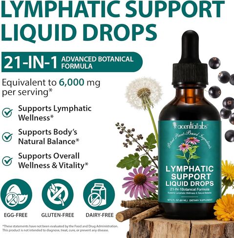 Lymphatic Drainage Drops, 21-in-1 Organic Lymphatic Drainage Supplement with Dandelion Extract, Zine, Burdock Extract,for Lymph System Support, Cleanse | Gluten-Free, 60ml in Kuwait