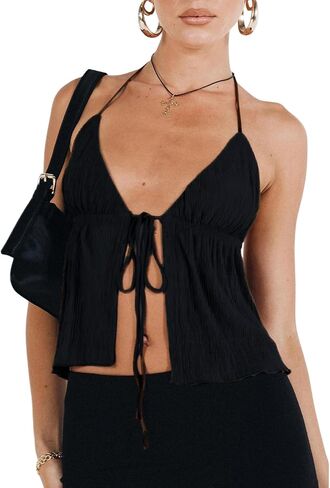 Women's Summer Y2K Tie Front Camisoles Sexy Halter V-Neck Cute Babydoll Bandana Going Out Tops in Kuwait