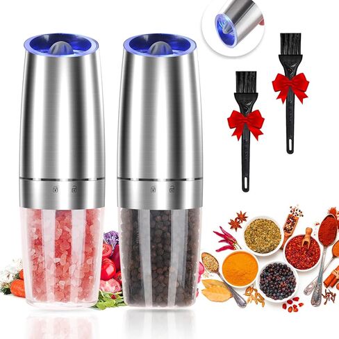 Gravity Electric Pepper and Salt Grinder Set, Adjustable Coarseness, Automatic Shakers Mill Grinder with LED Light, Battery Powered, Upgraded Larger Capacity, One Hand Operated (Sliver 2 Pack) in Saudi Arabia