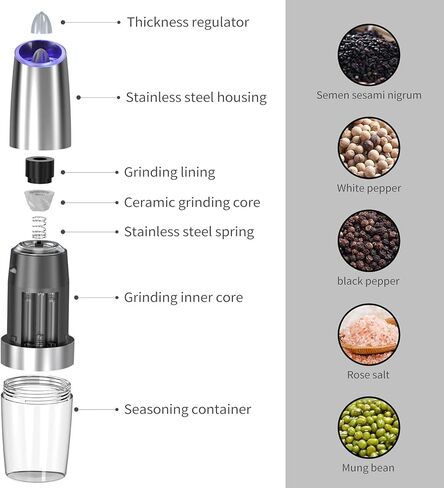 Gravity Electric Pepper and Salt Grinder Set, Adjustable Coarseness, Automatic Shakers Mill Grinder with LED Light, Battery Powered, Upgraded Larger Capacity, One Hand Operated (Sliver 2 Pack) in Saudi Arabia