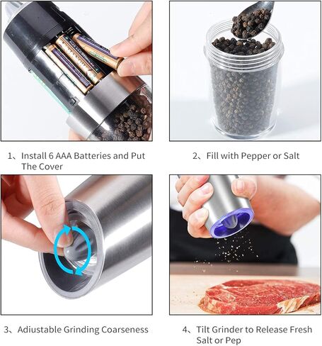 Gravity Electric Pepper and Salt Grinder Set, Adjustable Coarseness, Automatic Shakers Mill Grinder with LED Light, Battery Powered, Upgraded Larger Capacity, One Hand Operated (Sliver 2 Pack) in Saudi Arabia
