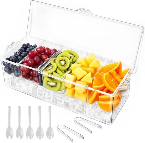 Ice Chilled Condiment Caddy with Lid – 5 Removable Compartments, Utensils Included – Buffet Server for BBQ, Taco Bar & Parties in Saudi Arabia