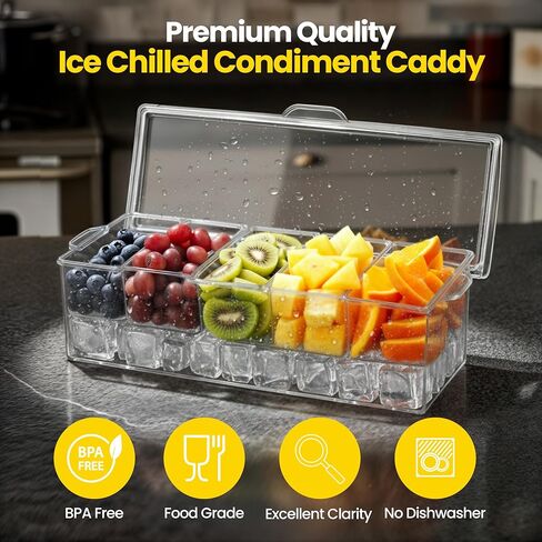 Ice Chilled Condiment Caddy with Lid – 5 Removable Compartments, Utensils Included – Buffet Server for BBQ, Taco Bar & Parties in Saudi Arabia