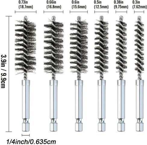 Stainless Steel Wire Tube Brushes 6-Piece 1/4-Inch Hex Handle Spiral Design For Deburring Screws And Threads Rust Removal Polishing Pipes, Silver in Saudi Arabia