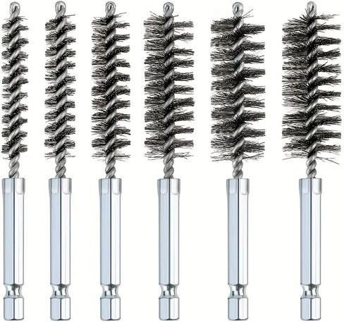 Stainless Steel Wire Tube Brushes 6-Piece 1/4-Inch Hex Handle Spiral Design For Deburring Screws And Threads Rust Removal Polishing Pipes, Silver in Saudi Arabia