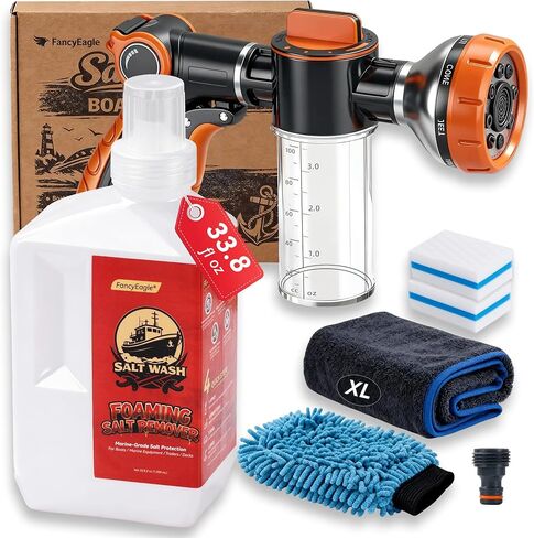 مجموعة غسول مزيل الملح 5 في 1، منظف القوارب ذو درجة حموضة محايدة للقوارب والسيارات وإكسسوارات القوارب، والمحركات البحرية ومحرك خارجي، يتضمن بخاخة رغوية، ومنشفة مقاس XL، وقفاز غسيل وممحاة للجرجر in Kuwait