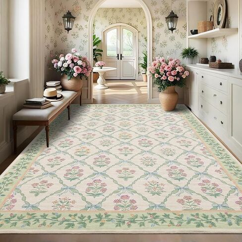 8x10 Rugs for Living Room, Washable Area Rug for Bedroom Girl with Coquette Bow Floral Pattern Non Slip Low-Pile Stain Resistant Large Throw Carpet for Dining Room Dorm Nursery, Light Green in Kuwait