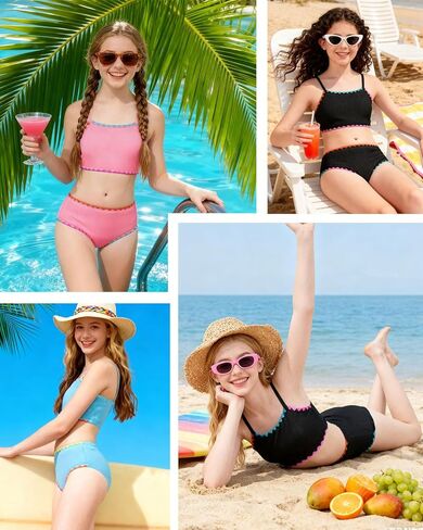 Century Star Girls Swimsuit 2 Pieces Ribbed Bikini Color Block Bathing Suit for Teens Adjustable Straps Swimwear Padded in Saudi Arabia