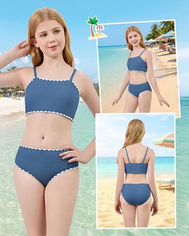 Century Star Girls Swimsuit 2 Pieces Ribbed Bikini Color Block Bathing Suit for Teens Adjustable Straps Swimwear Padded in Saudi Arabia