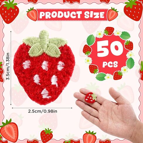 IUAQDP 50 Pieces Strawberry Sew On Patch, Cute Crochet Applique Embellishment, Decorative Small Knitted Fruit Motif for Clothes Dress Bag Hat Headband Garment Fabric DIY Accessories, 1.37 x 0.98IN in Kuwait
