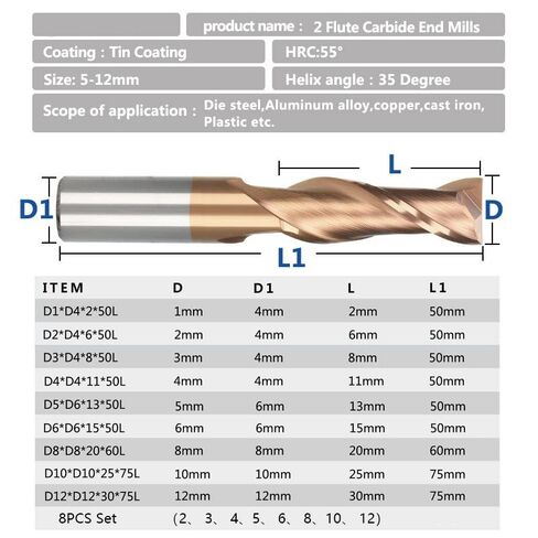 1 قطعة/8 قطعة معطف نانو شقة الأنف نهاية مطحنة CNC راوتر بت 1-12 مللي متر اثنين المزامير كربيد TiCN المغلفة بت آلة طحن in Kuwait
