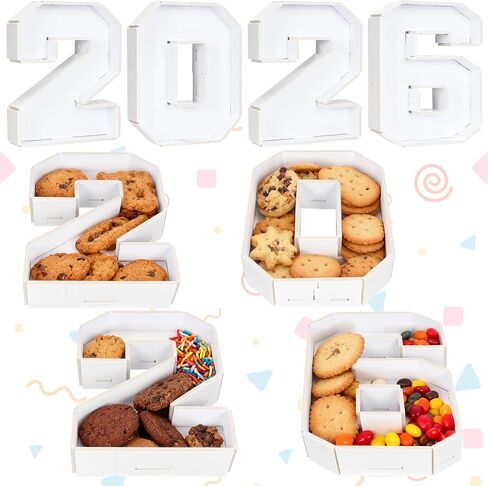 ديكورات التخرج 2026 - صندوق من الورق المقوى لأرقام الفحم، صينية أرقام معجون ورقية للطعام قابلة للملء لتزيين حفلات الكب كيك والحلوى والذكرى السنوية وحاوية طعام وفواكه (24 × 19 × 5 سم) in Kuwait