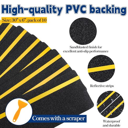 10 Packs 6" x 30" Anti Slip Stair Tread with Reflective Strips, Non Slip Grip Tape with Glow in Dark Stripe, High Friction Deck Grip Tape Strips, Self-Adhesive Outdoor Non Skid Tape for Stairs Step in Saudi Arabia