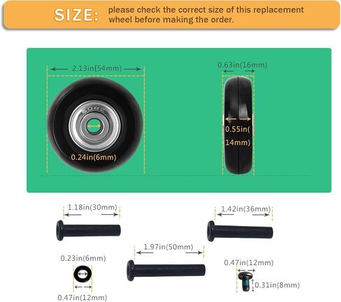 عجلات بديلة لحقيبة الأمتعة بقطر 2.13 بوصة (54 مم) 8 قطع عجلة سماكة 0.55 بوصة (14 مم) مع 3 أحجام محور مقاومة للاهتراء من المطاط كتم الصوت أدوات إصلاح العجلات الدوارة لصندوق السفر لحقيبة الترولي in Kuwait