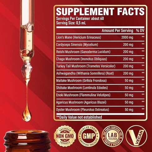 11in1 Mushroom Supplement Liquid Drops – Brain, Immunity & Energy Support - Mushroom Complex with Lion’s Mane, Reishi, Turkey Tail, Cordyceps, Ashwagandha, Maitake, Shiitake - 1 FL Oz - 60 Day Supply in Saudi Arabia