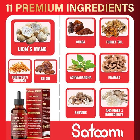 11in1 Mushroom Supplement Liquid Drops – Brain, Immunity & Energy Support - Mushroom Complex with Lion’s Mane, Reishi, Turkey Tail, Cordyceps, Ashwagandha, Maitake, Shiitake - 1 FL Oz - 60 Day Supply in Saudi Arabia