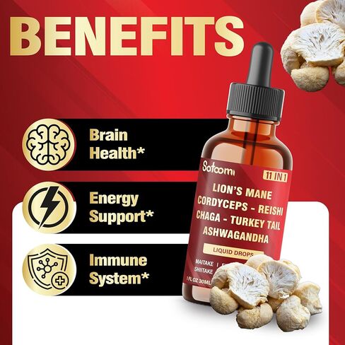 11in1 Mushroom Supplement Liquid Drops – Brain, Immunity & Energy Support - Mushroom Complex with Lion’s Mane, Reishi, Turkey Tail, Cordyceps, Ashwagandha, Maitake, Shiitake - 1 FL Oz - 60 Day Supply in Saudi Arabia
