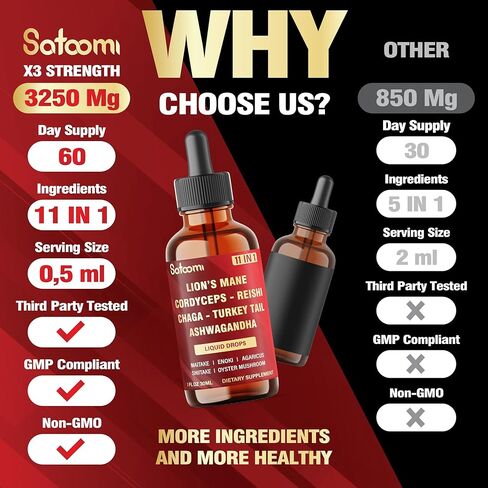 11in1 Mushroom Supplement Liquid Drops – Brain, Immunity & Energy Support - Mushroom Complex with Lion’s Mane, Reishi, Turkey Tail, Cordyceps, Ashwagandha, Maitake, Shiitake - 1 FL Oz - 60 Day Supply in Saudi Arabia
