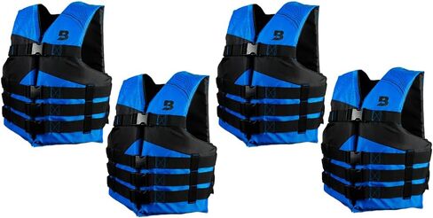سترة نجاة للقوارب العامة للرياضات المائية ذات 4 إبزيم من Bluestorm® للبالغين | سترة نجاة من الإسفنج العالمي معتمدة من خفر السواحل الأمريكي (USCG) من النوع 3 (PFD)، 4 قطع باللون الأزرق مع حقيبة، عالمية للبالغين in Kuwait