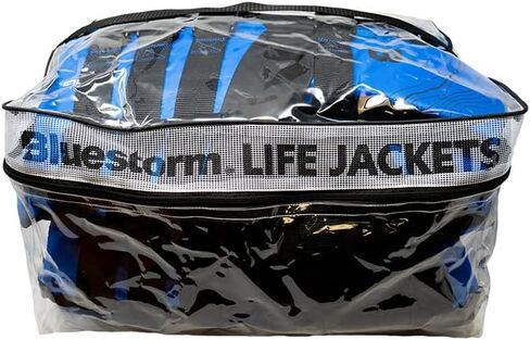 سترة نجاة للقوارب العامة للرياضات المائية ذات 4 إبزيم من Bluestorm® للبالغين | سترة نجاة من الإسفنج العالمي معتمدة من خفر السواحل الأمريكي (USCG) من النوع 3 (PFD)، 4 قطع باللون الأزرق مع حقيبة، عالمية للبالغين in Kuwait
