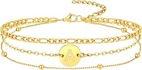 سوار أولي مطلي بالذهب عيار 18 قيراط للنساء - سوار من الفولاذ المقاوم للصدأ ذو طبقات من الحروف من الألف إلى الياء - مجوهرات ذهبية وهدايا عيد الميلاد in Kuwait
