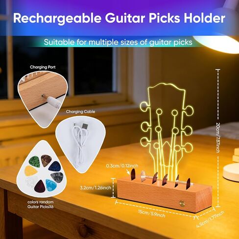 Light Up Guitar Pick Holder: Rechargeable Picks Display Case with Light Touch Contorl - Guitar Pick Storage Box with 6 Guitar Picks Guitar Accessories for Bass Ukulele (Classic Headstock) in Saudi Arabia