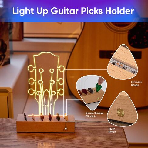 Light Up Guitar Pick Holder: Rechargeable Picks Display Case with Light Touch Contorl - Guitar Pick Storage Box with 6 Guitar Picks Guitar Accessories for Bass Ukulele (Classic Headstock) in Saudi Arabia
