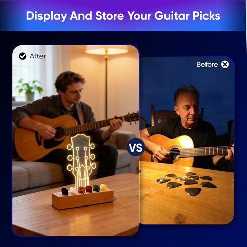 Light Up Guitar Pick Holder: Rechargeable Picks Display Case with Light Touch Contorl - Guitar Pick Storage Box with 6 Guitar Picks Guitar Accessories for Bass Ukulele (Classic Headstock) in Saudi Arabia