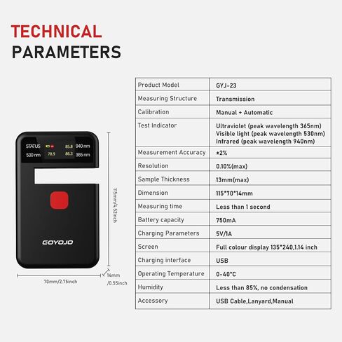 Labs Tint Meter Works on Side Windows, Digital Tint Solar Film Car Transmission Meter with Automatic Calibration, 3-in-1 Solar Film Meter VL UV IR Detection, for Automotive Window Tint Shop Stay Legal in Kuwait