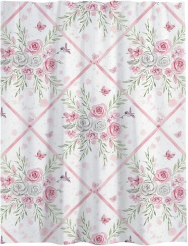 ستارة دش طويلة بطباعة فراشة وردية، خطافات ستارة دش لطيفة مقاومة للماء للصيف، ستائر ريفية من القماش قابلة للغسل لديكور تجريدي لحوض الاستحمام 72 × 72 بوصة in Kuwait