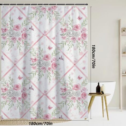 ستارة دش طويلة بطباعة فراشة وردية، خطافات ستارة دش لطيفة مقاومة للماء للصيف، ستائر ريفية من القماش قابلة للغسل لديكور تجريدي لحوض الاستحمام 72 × 72 بوصة in Kuwait