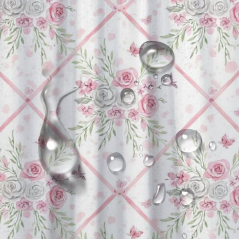 ستارة دش طويلة بطباعة فراشة وردية، خطافات ستارة دش لطيفة مقاومة للماء للصيف، ستائر ريفية من القماش قابلة للغسل لديكور تجريدي لحوض الاستحمام 72 × 72 بوصة in Kuwait