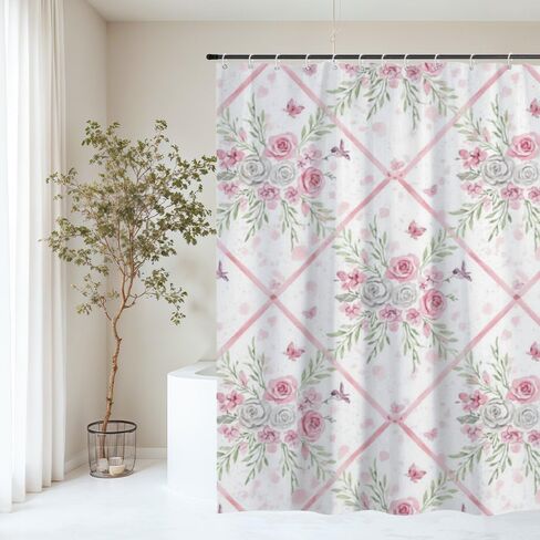 ستارة دش طويلة بطباعة فراشة وردية، خطافات ستارة دش لطيفة مقاومة للماء للصيف، ستائر ريفية من القماش قابلة للغسل لديكور تجريدي لحوض الاستحمام 72 × 72 بوصة in Kuwait