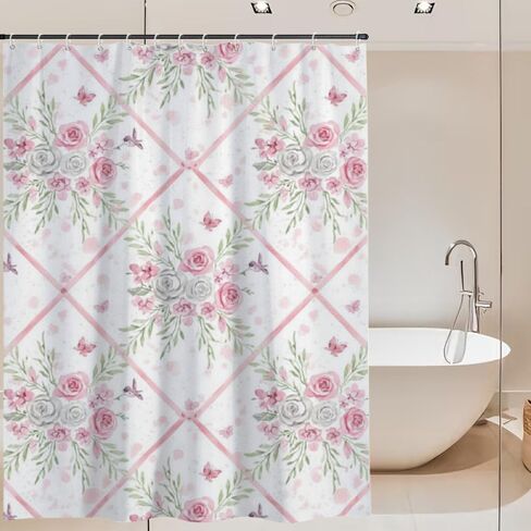 ستارة دش طويلة بطباعة فراشة وردية، خطافات ستارة دش لطيفة مقاومة للماء للصيف، ستائر ريفية من القماش قابلة للغسل لديكور تجريدي لحوض الاستحمام 72 × 72 بوصة in Kuwait