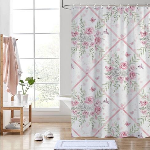 ستارة دش طويلة بطباعة فراشة وردية، خطافات ستارة دش لطيفة مقاومة للماء للصيف، ستائر ريفية من القماش قابلة للغسل لديكور تجريدي لحوض الاستحمام 72 × 72 بوصة in Kuwait