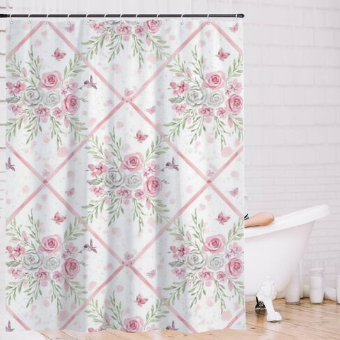 ستارة دش طويلة بطباعة فراشة وردية، خطافات ستارة دش لطيفة مقاومة للماء للصيف، ستائر ريفية من القماش قابلة للغسل لديكور تجريدي لحوض الاستحمام 72 × 72 بوصة in Kuwait