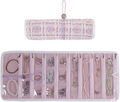 لفة مجوهرات السفر مع جيوب سحاب | حالة تخزين المجوهرات المحمولة خالية من التشابك للنساء | حامل للقلادات والأقراط والخواتم والأساور in Kuwait